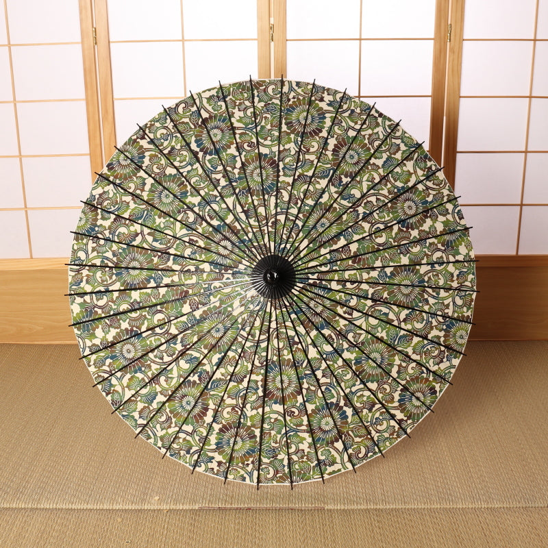 Paper Naturally Parasol “Black Bamboo” / Kiku Karakusa(Green/Pattern)