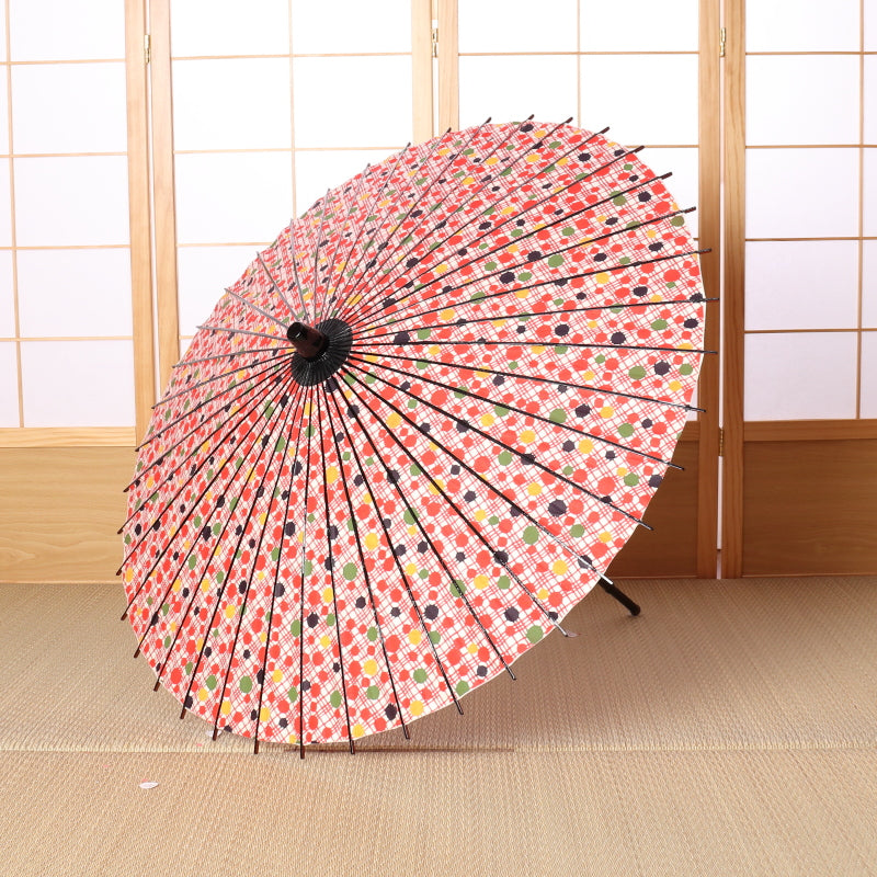 Black Bamboo Japanese Parasol "Edge" Polka Dot/Red