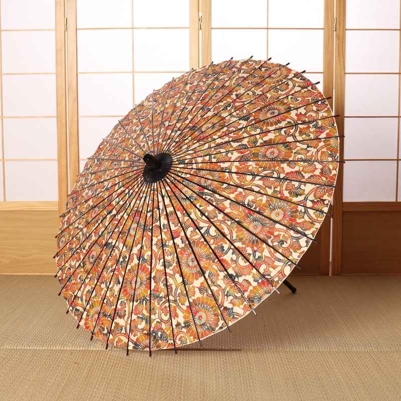 Paper Naturally Parasol “Black Bamboo” / Kiku Karakusa(Red/Pattern)