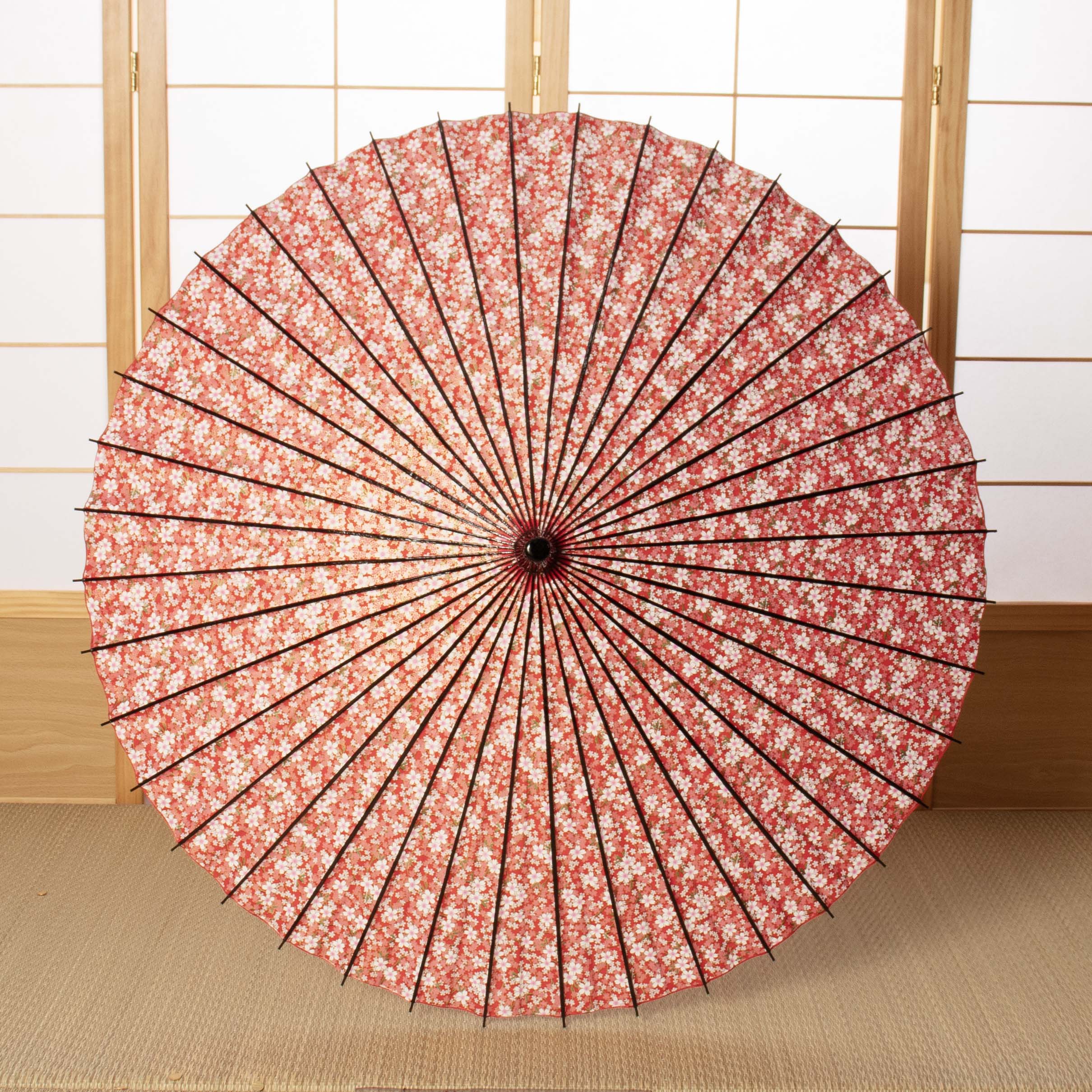 Black bamboo Japanese parasol, Kyo-Yuzen "Sakura Weather/Red"