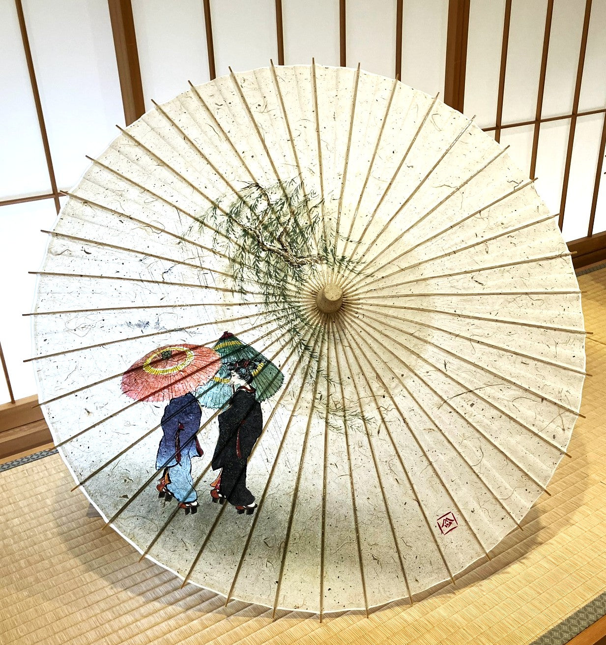 手描き日本画「雨の中の二人の女」